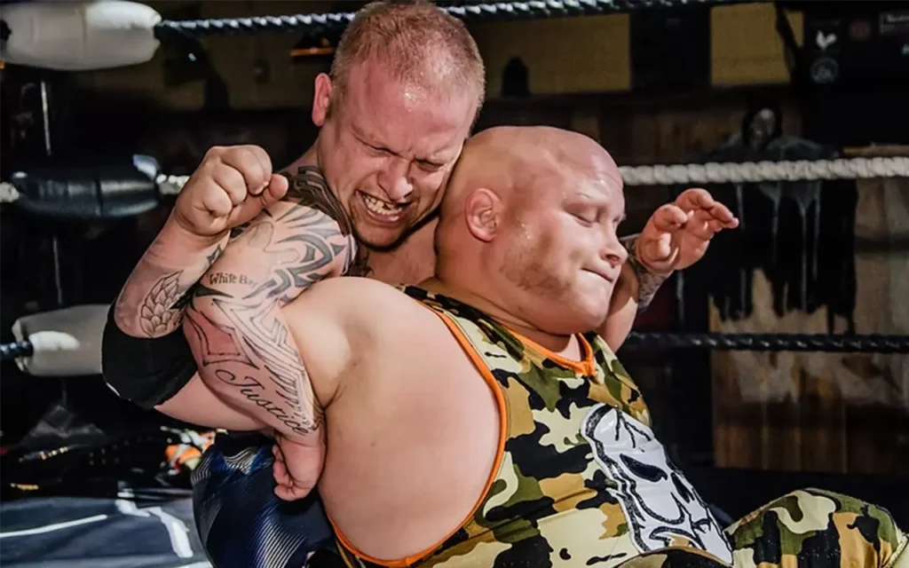Two Guy Wrestlers Locked Up at Micro Wrestling Federation
