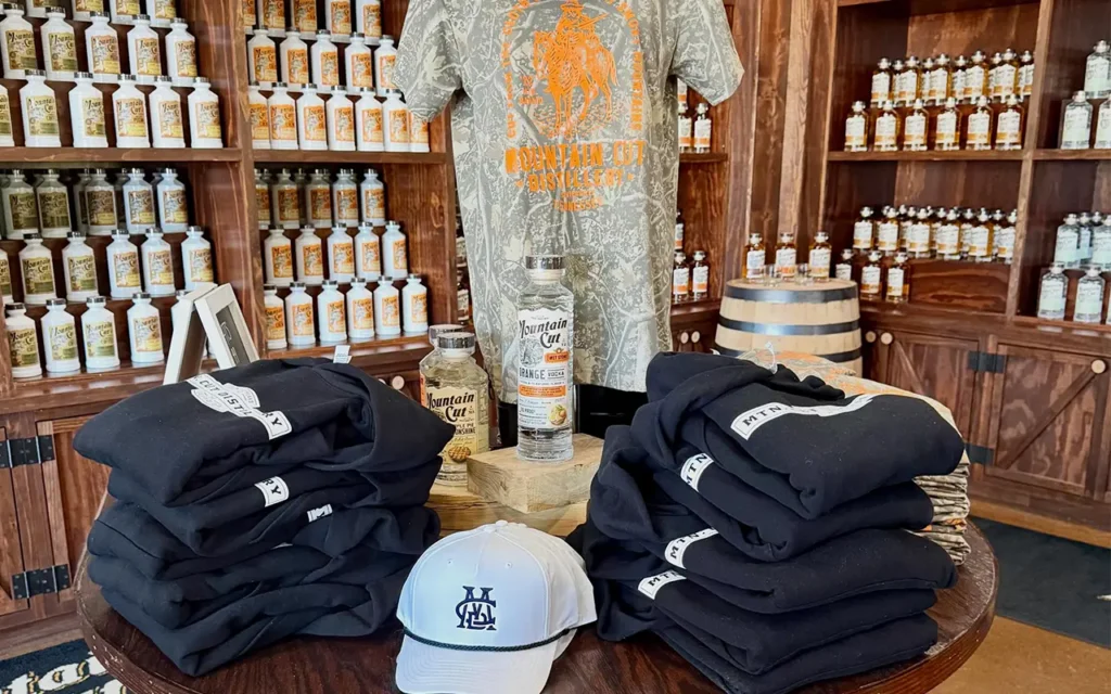 Tshirts on display at Mountain Cut Distillery