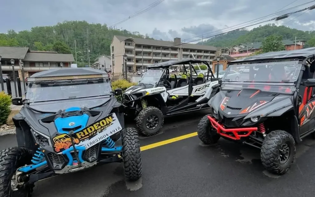UTVs parked in a Parking Lot at RideOn UTV Rentals
